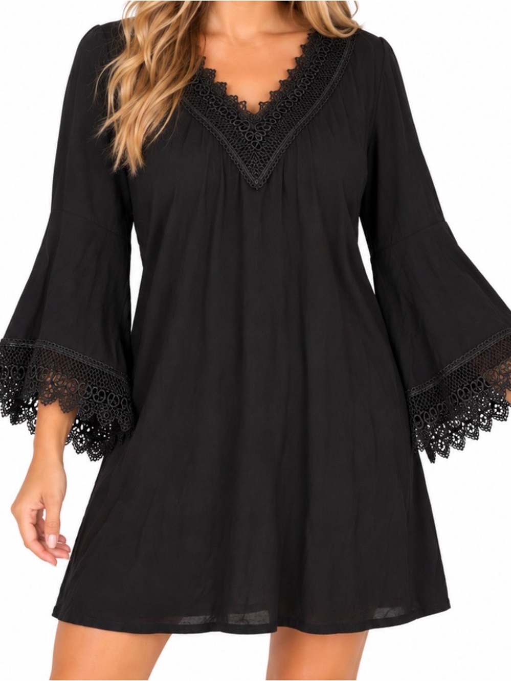 Peppermint Black Lace-Trim Bell Sleeve shift Dress Boho Crochet Lace V Neck SZ L - Picture 1 of 7